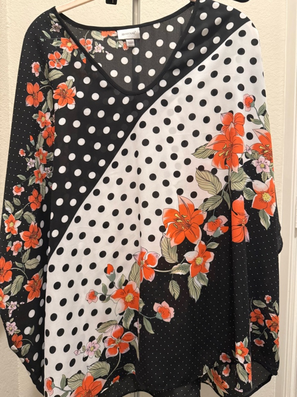 Avenue Black & White Polka Dot Floral-Trim Blouse